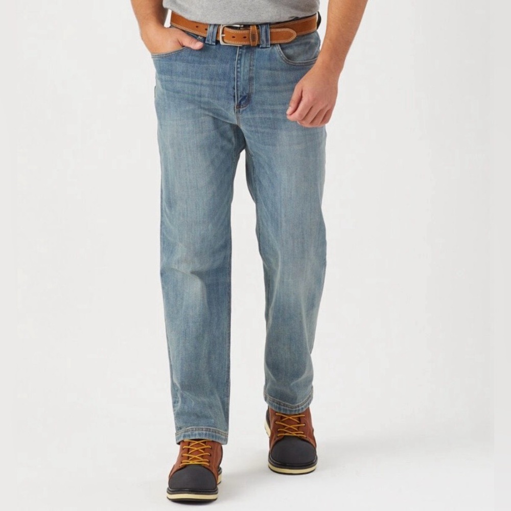 Duluth Trading Co Mens Ballroom Double Flex Jeans Sz 44x30 Light Wash